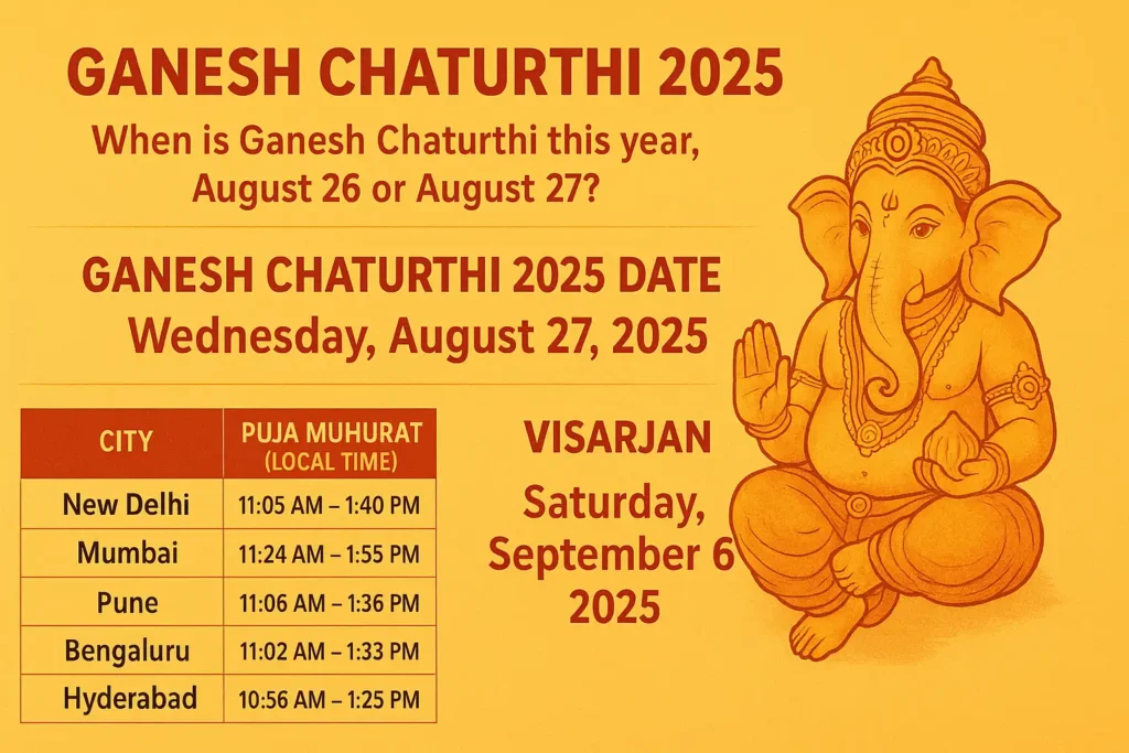Ganesh Chaturthi 2025: Vinayaka Chaturthi Date, Muhurat, History, Significance, and Celebrations 1 Ganesh Chaturthi 2025 Date, city-wise shubh muhurat, tithi & visarjan