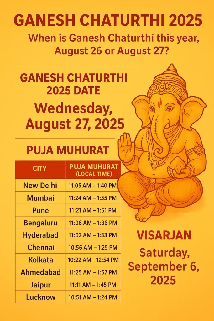 Ganesh Chaturthi 2025: Vinayaka Chaturthi Date, Muhurat, History, Significance, and Celebrations 2 Ganesh Chaturthi 2025 Date, city-wise shubh muhurat, tithi & visarjan